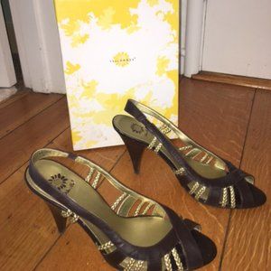 Brown with Gold Woven Leather Slingback's